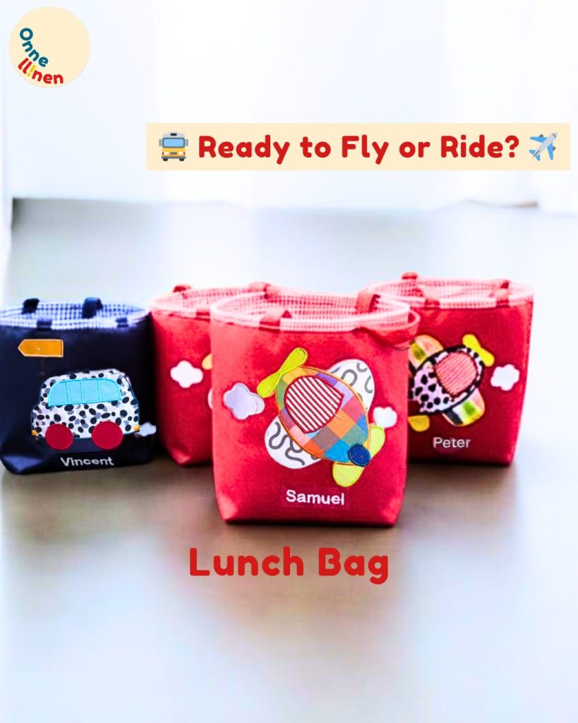 Tumpukan Lunch Bag Kotak custom bordir tema transportasi warna merah dan dongker, souvenir ulang tahun anak.