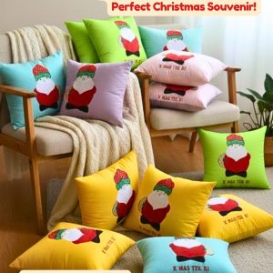 Bantal Natal Custom Onnellinen dengan appliqué Santa yang mendetail, menggunakan kain berkualitas tinggi dan warna cerah