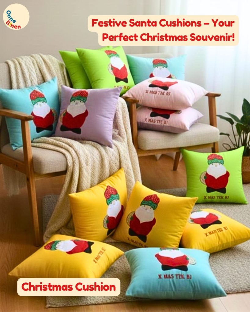 Bantal Natal Custom Onnellinen dengan appliqué Santa yang mendetail, menggunakan kain berkualitas tinggi dan warna cerah