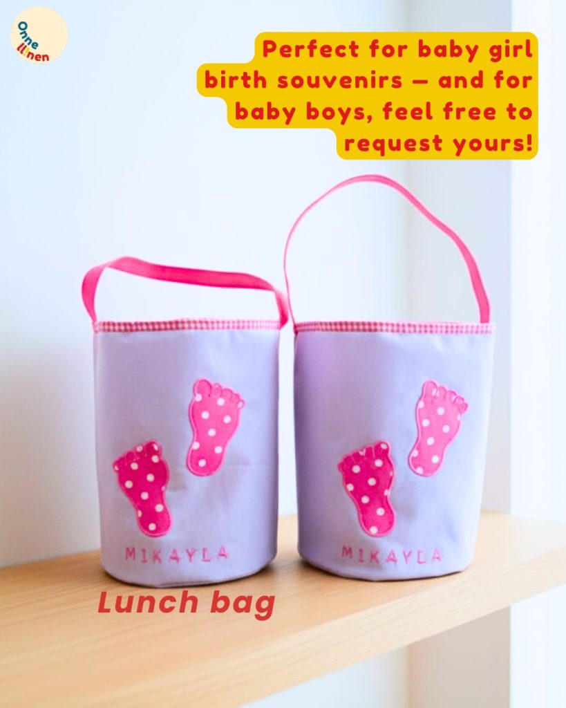 Dua lunch bag tabung custom bordir kaki bayi tema pink, ideal untuk souvenir baby girl.
