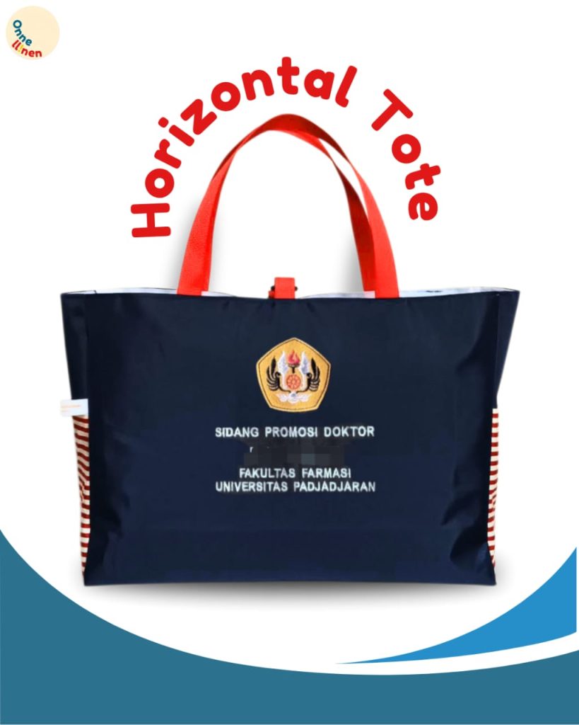Horizontal Tote Bag custom biru navy dengan logo dan tulisan SIDANG PROMOSI DOKTOR FAKULTAS FARMASI UNIVERSITAS PADJADJARAN