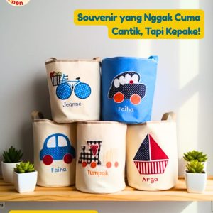 Lima Lunch Bag Tabung Custom Onnellinen tema sepeda, mobil, kereta api, dan perahu, souvenir yang tidak hanya cantik tapi terpakai