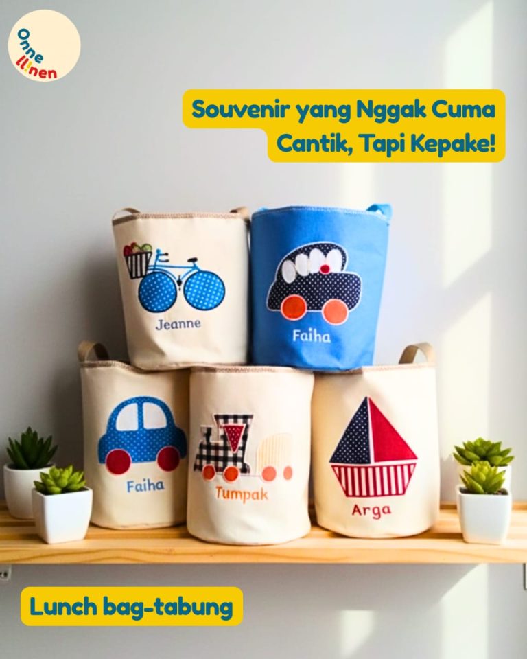 Lima Lunch Bag Tabung Custom Onnellinen tema sepeda, mobil, kereta api, dan perahu, souvenir yang tidak hanya cantik tapi terpakai