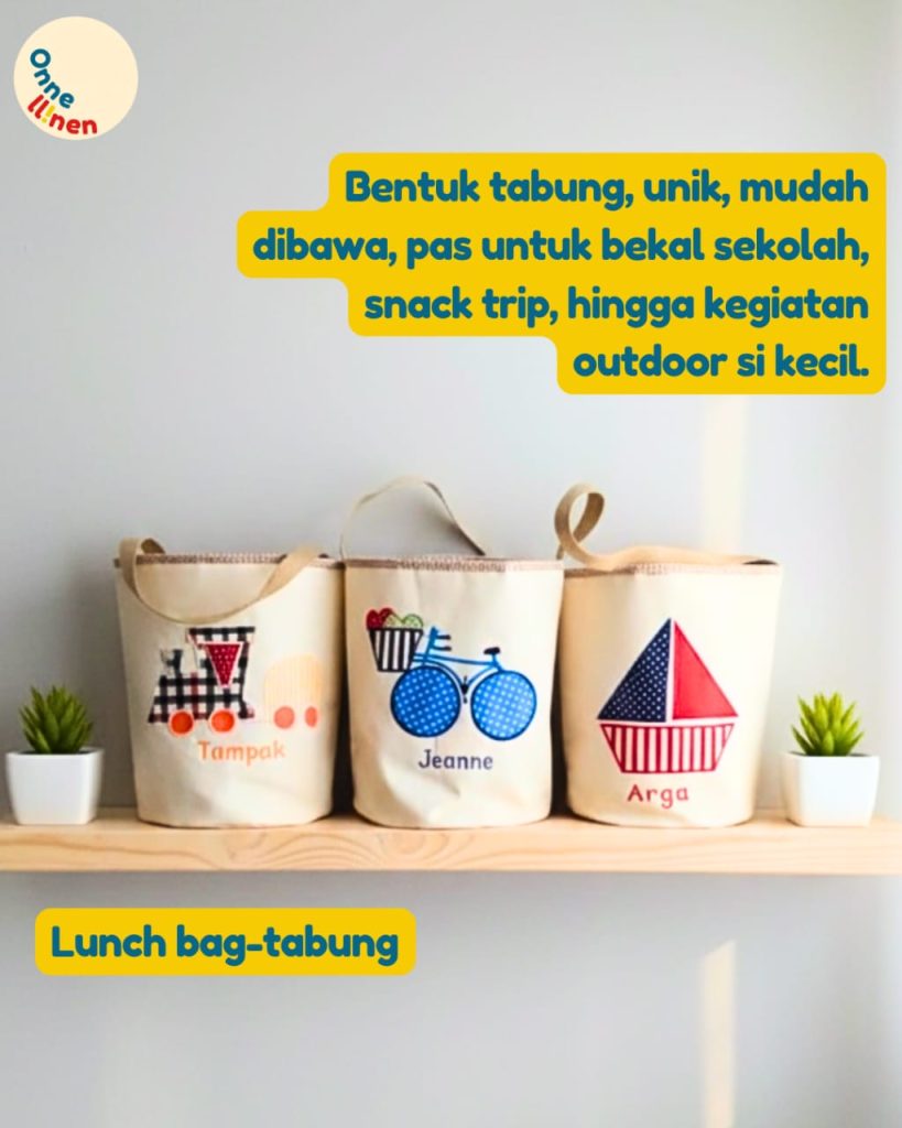 Lunch Bag Tabung Custom Onnellinen tema kereta api, sepeda, dan perahu, dengan nama anak