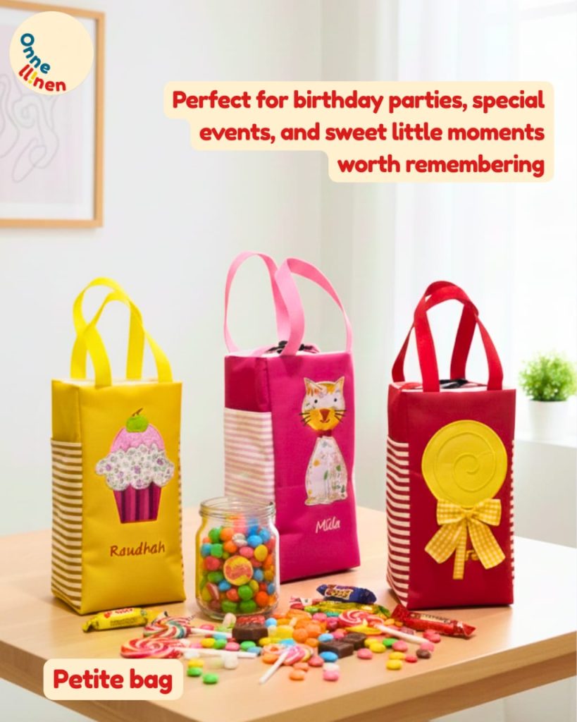 Petite Bag Custom Onnellinen pink dengan appliqué kucing dan saku samping, tas kecil yang dirancang untuk perayaan ultah