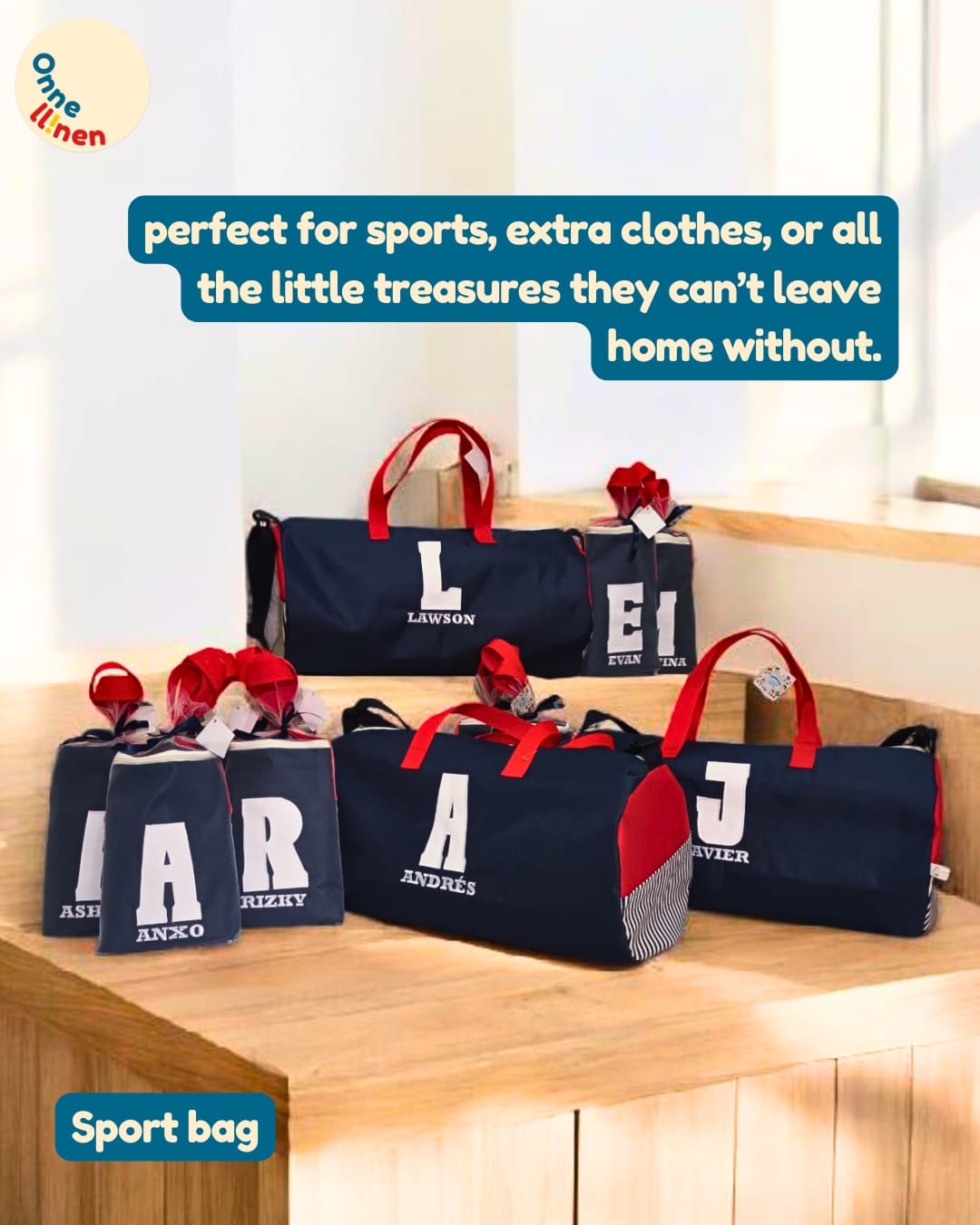 Sport Bag Custom Onnellinen inisial L, A, E, J, dan tas kecil, sempurna untuk pakaian ekstra atau perlengkapan olahraga