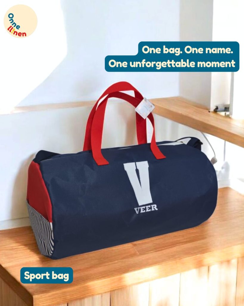 Sport Bag Custom Onnellinen inisial V dan nama Veer, berwarna navy dengan tali merah, cocok untuk tas olahraga personal