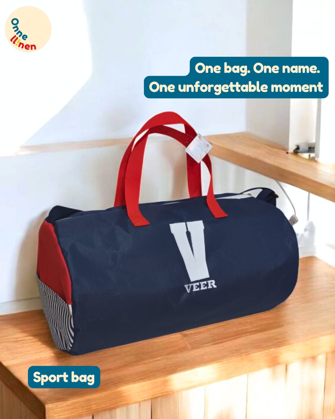 Sport Bag Custom Onnellinen inisial V dan nama Veer, berwarna navy dengan tali merah, cocok untuk tas olahraga personal