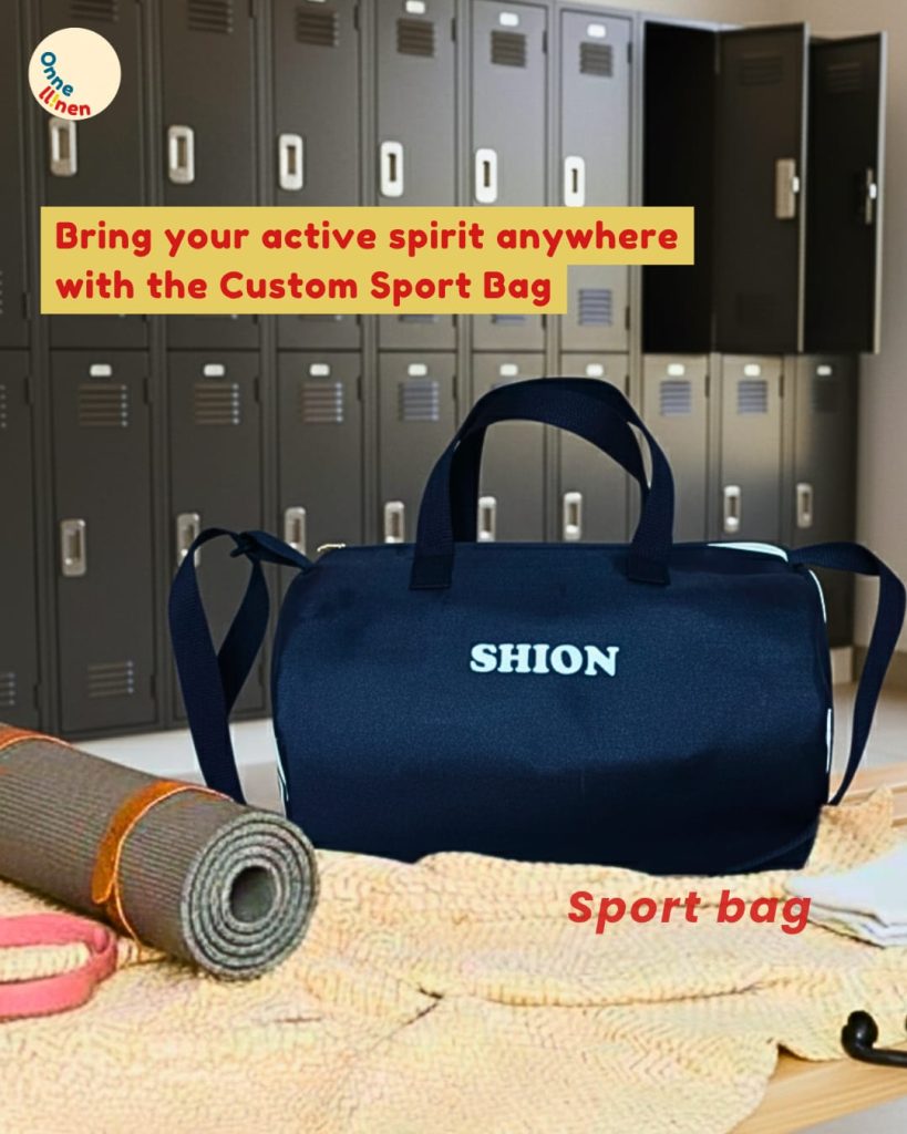 Sport Bag Custom navy ukuran ML dengan printing nama Shion, tas gymsouvenir tim olahraga.