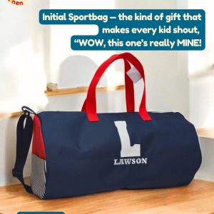 Sport Bag Inisial Custom Onnellinen (Lawson) dengan tulisan WOW, this one's really MINE!, kado yang membuat anak merasa spesia