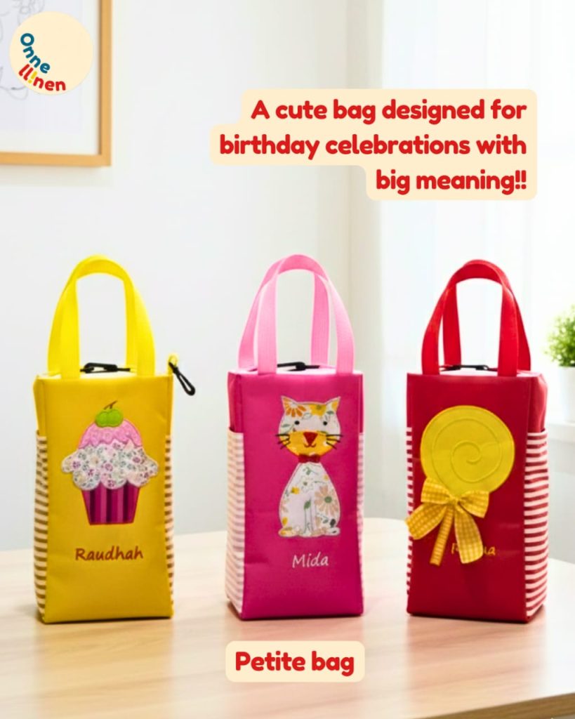 Tiga Petite Bag Custom Onnellinen (kuning, pink, merah) dengan appliqué cupcake, kucing, dan permen, ideal untuk pesta ulang tahun
