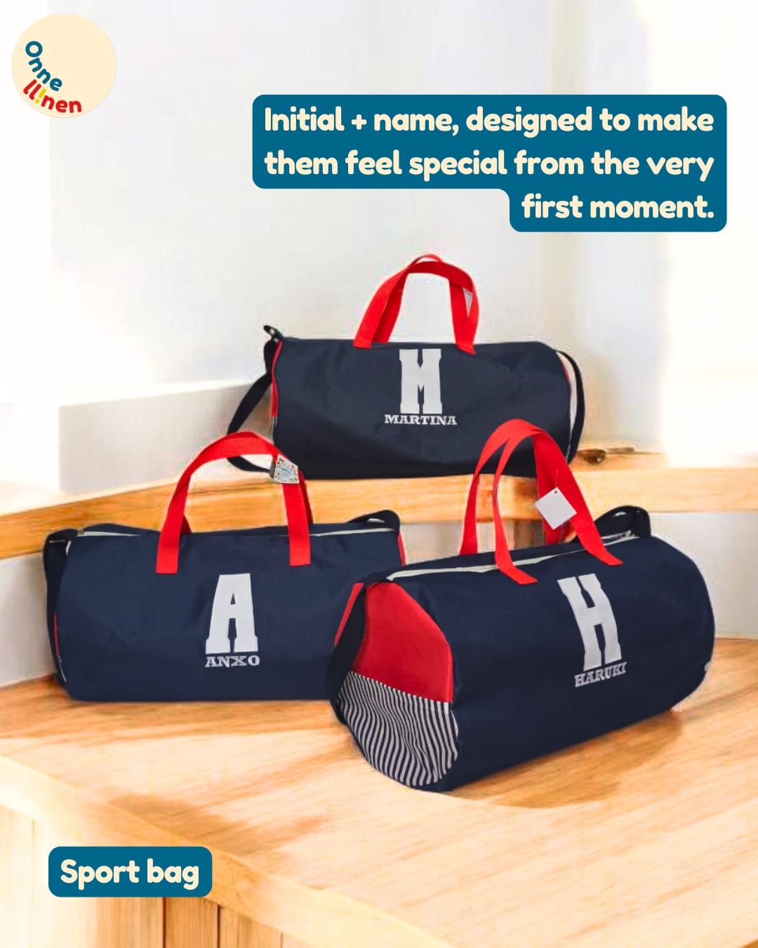 Tiga Sport Bag Custom Onnellinen dengan inisial H, A, M, dan nama, dirancang sebagai hadiah atau souvenir ultah yang persona