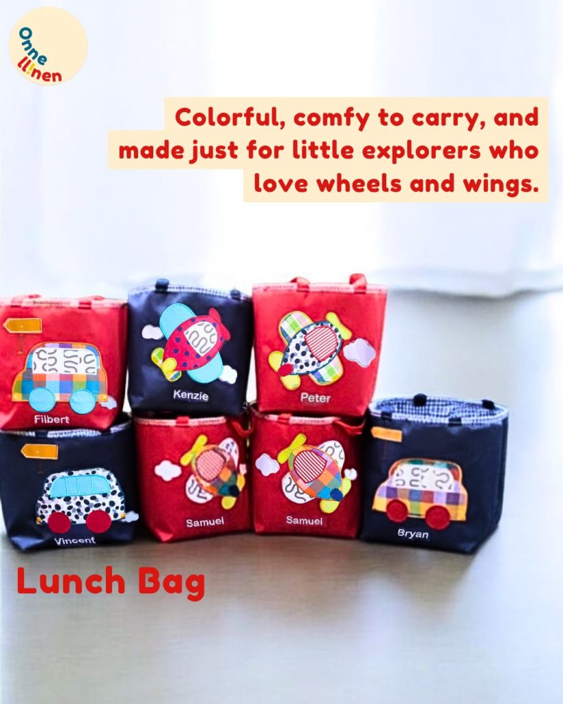 Tiga Lunch Bag Kotak custom bordir tema transportasi (mobil dan pesawat) dengan nama Vincent, Samuel, Peter.