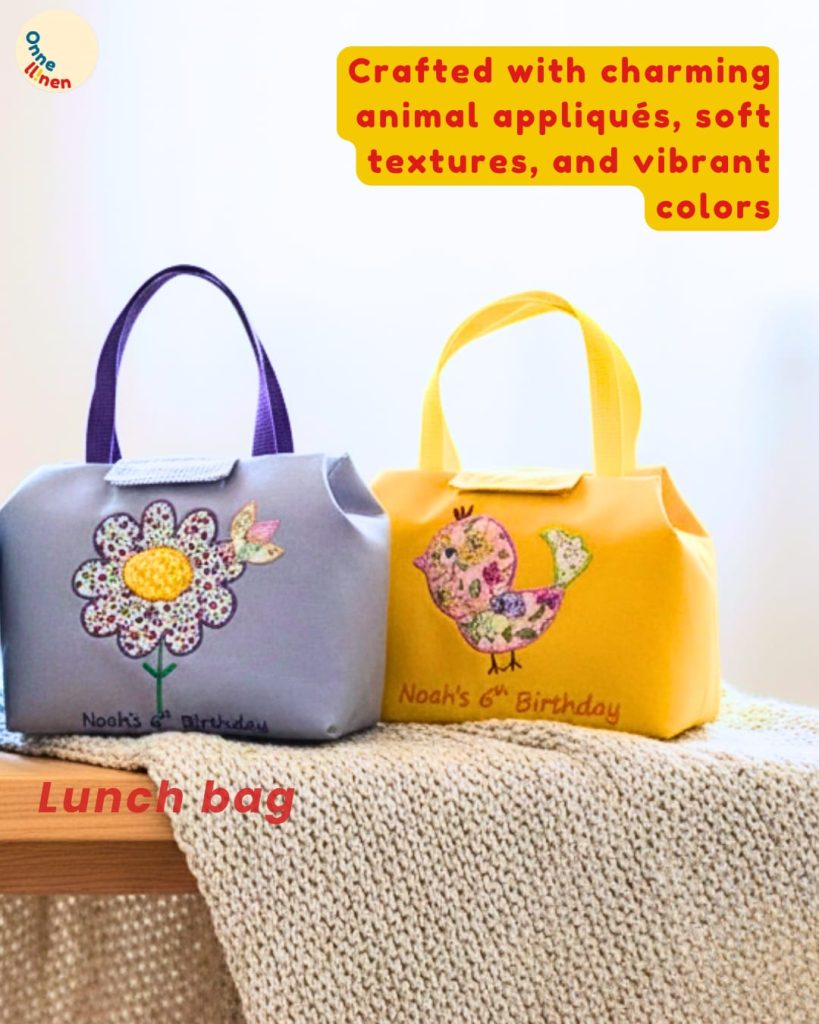Dua Lunch Bag Lipat Custom Onnellinen handmade appliqué bunga dan burung kuning dengan tulisan 'Noah's 6th Birthday' sebagai tas bekal sekolah.