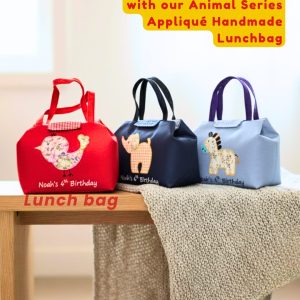 Tiga Lunch Bag Lipat Custom Onnellinen handmade appliqué tema burung, gajah, dan zebra untuk souvenir ulang tahun anak.