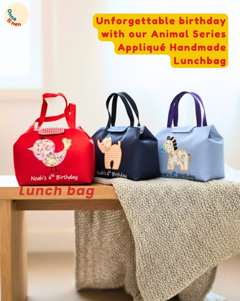 Tiga Lunch Bag Lipat Custom Onnellinen handmade appliqué tema burung, gajah, dan zebra untuk souvenir ulang tahun anak.
