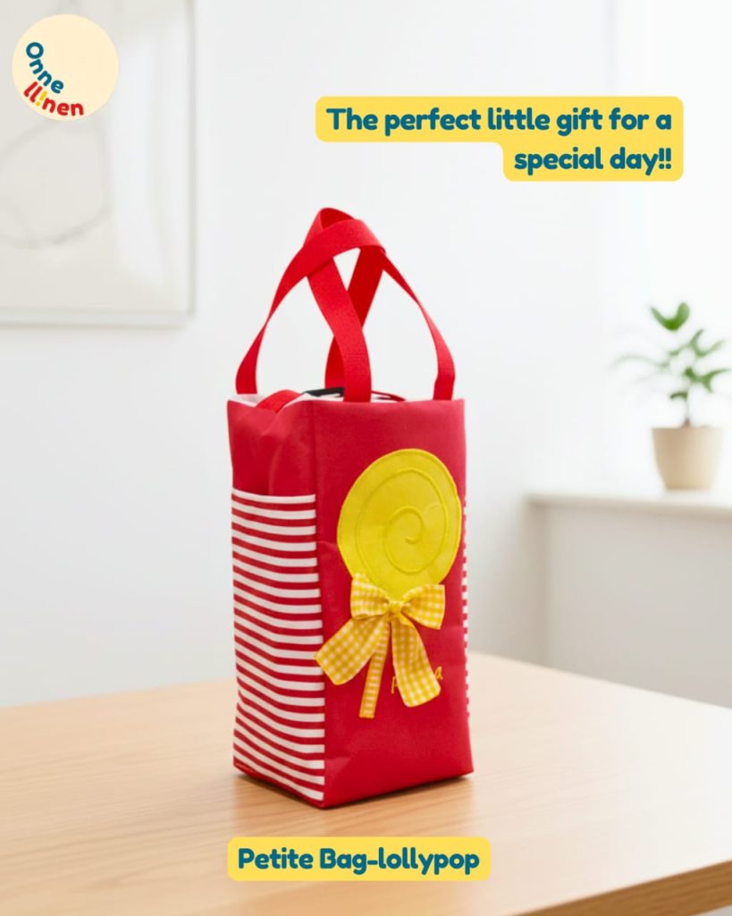 Tiga Petite Bag Custom Onnellinen (kuning, pink, merah) dengan appliqué cupcake, kucing, dan permen, ideal untuk pesta ulang tahun