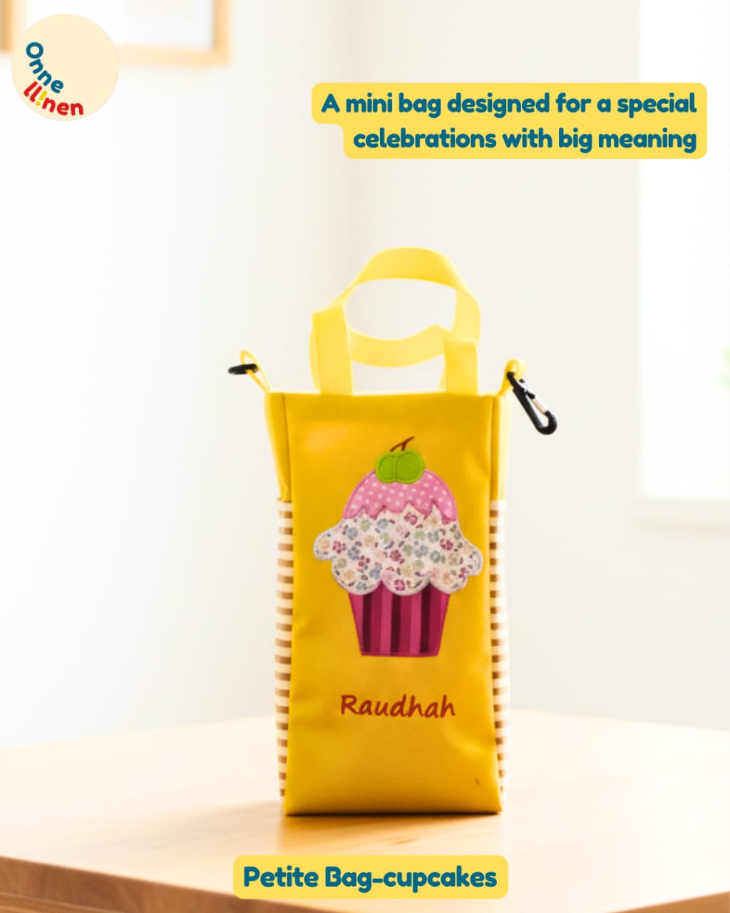 Petite Bag Custom Onnellinen kuning dengan appliqué cupcake ideal untuk pesta ulang tahun