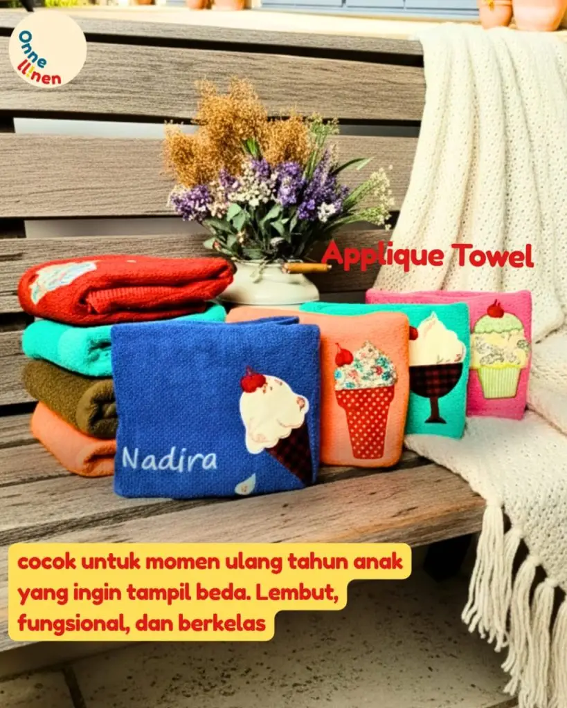 Handuk Mutia custom aplikasi cupcake bordir, lembut, tebal, dan berkelas, cocok untuk souvenir ulang tahun an