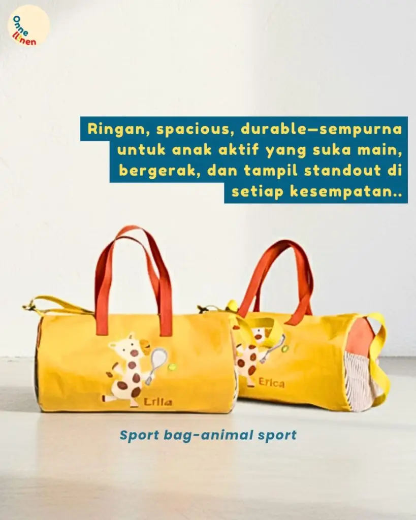 Set Sport Bag tabung custom aplikasi jerapah main tenis warna kuning dan merah dengan bordir nama Lilla, Erica, souvenir ulang tahun.