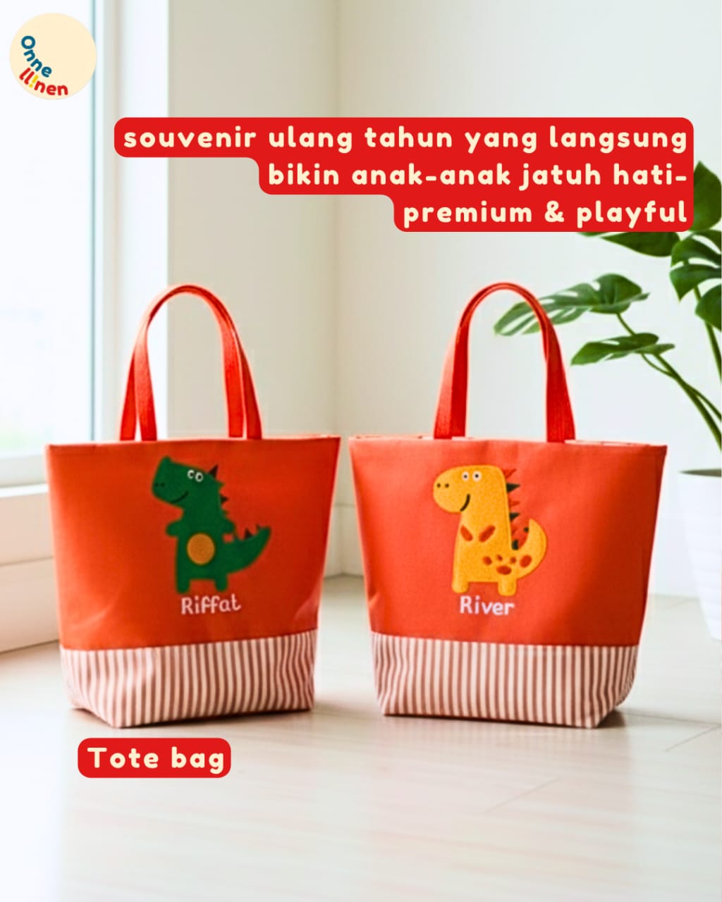 Totebag Custom Dinosaurus Bordir (Kuning, Oranye, Merah) Souvenir Ulang Tahun Anak TK bahan waterproof tebal dan eksklusif.