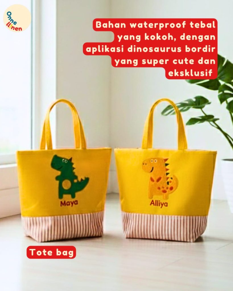 Totebag Custom Dinosaurus Bordir (Kuning, Oranye, Merah) Souvenir Ulang Tahun Anak TK bahan waterproof tebal dan eksklusif.