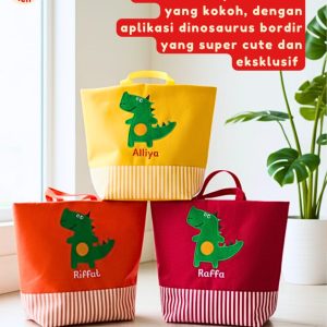 Totebag Custom Dinosaurus Bordir (Kuning, Oranye, Merah) Souvenir Ulang Tahun Anak TK bahan waterproof tebal dan eksklusif.