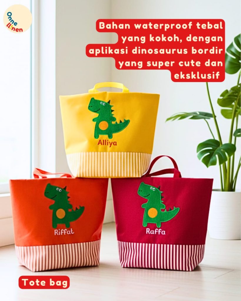 Totebag Custom Dinosaurus Bordir (Kuning, Oranye, Merah) Souvenir Ulang Tahun Anak TK bahan waterproof tebal dan eksklusif.