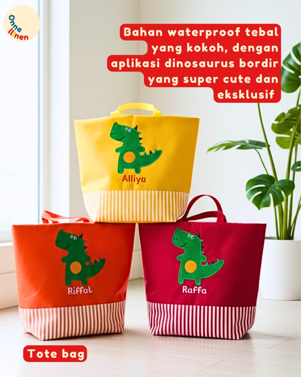 Totebag Custom Dinosaurus Bordir (Kuning, Oranye, Merah) Souvenir Ulang Tahun Anak TK bahan waterproof tebal dan eksklusif.