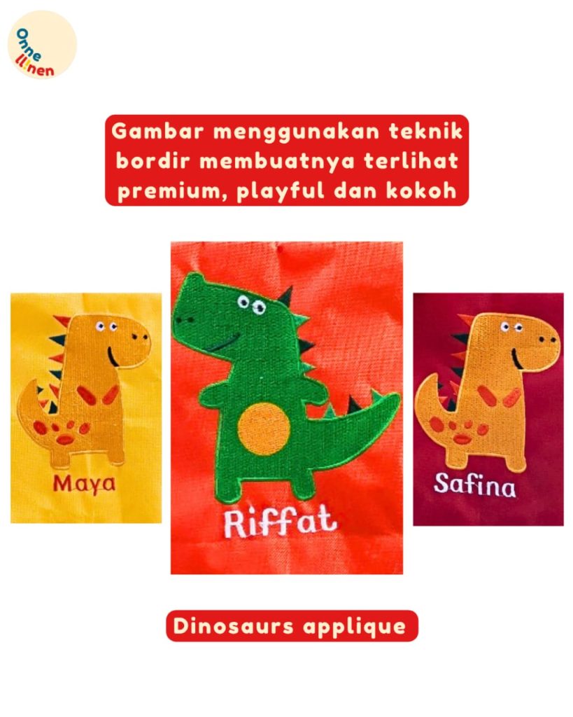 Totebag Custom Dinosaurus Bordir (Kuning, Oranye, Merah) Souvenir Ulang Tahun Anak TK bahan waterproof tebal dan eksklusif.