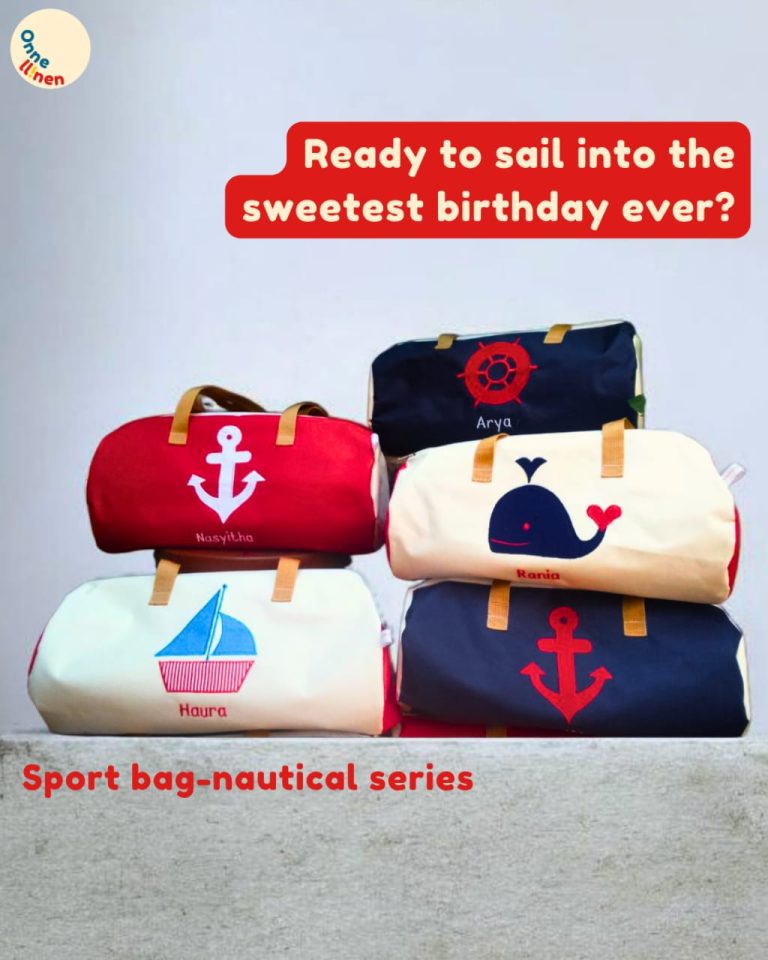 Sport Bag Sailor Nautical warna dongker, merah, dan krem dengan bordir nama, ideal sebagai Souvenir Ulang Tahun Elegan.