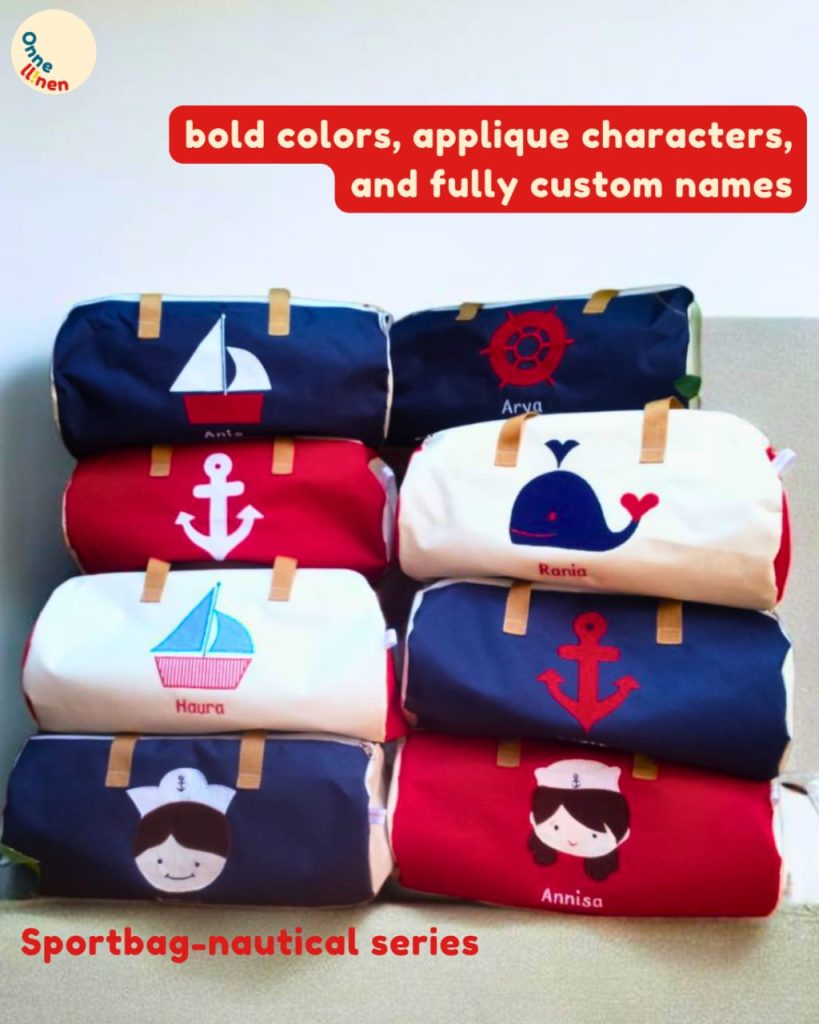 Sport Bag Sailor Nautical warna dongker, merah, dan krem dengan bordir nama, ideal sebagai Souvenir Ulang Tahun Elegan.