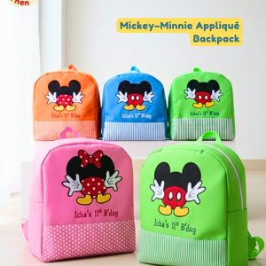 Kumpulan Backpack Custom Onnellinen tema Mickey Minnie dalam warna-warna cerah: oranye, biru, hijau, pink, dan merah.