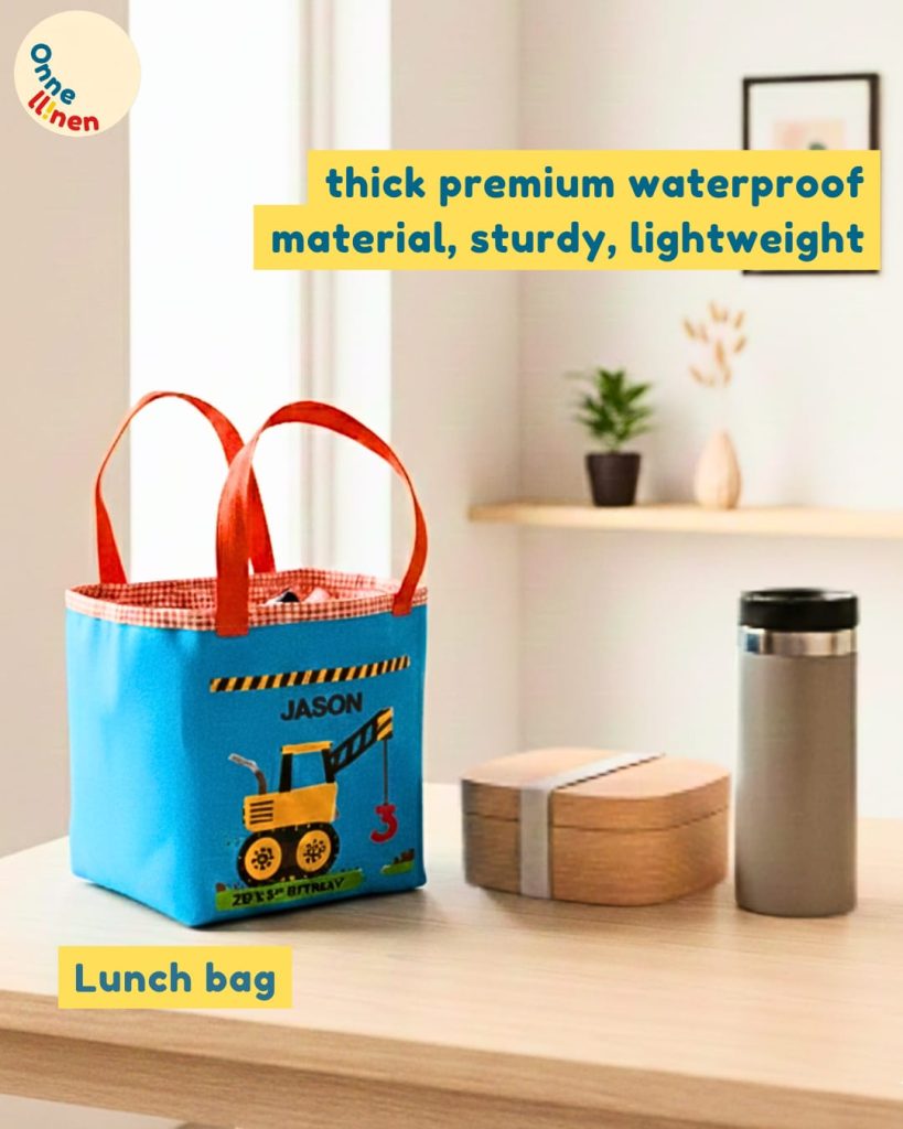 Lunch Bag Kotak Custom Onnellinen tema Excavator dengan nama (Humaira, Zio, Jason) dalam warna-warna cerah, ideal untuk souvenir ulang tahun anak laki