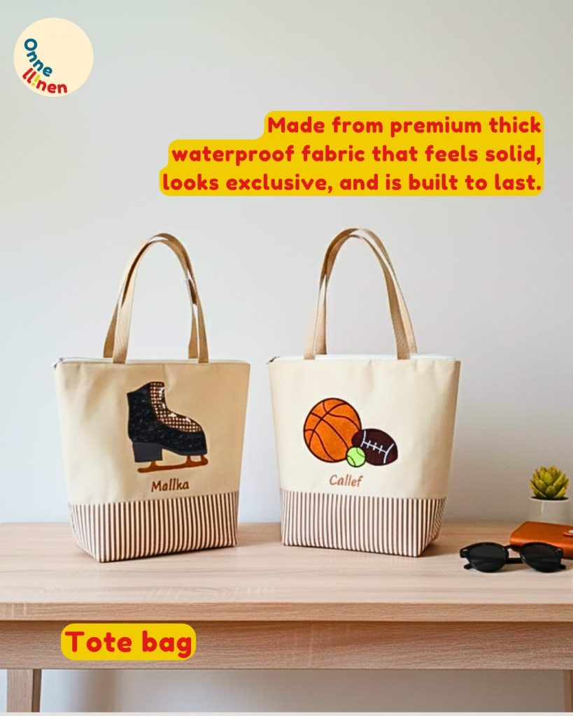 Kumpulan Tote Bag Custom Onnellinen aneka olahraga (tenis, sepak bola, bowling) yang dibungkus tulle, ideal untuk goodie bag souvenir.