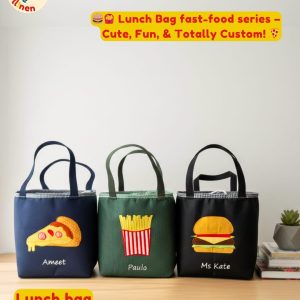 Tiga Lunch Bag Kotak Custom Onnellinen tema makanan favorit (burger, fries, pizza) dengan personalisasi nama, ideal untuk souvenir.