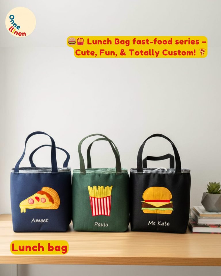 Tiga Lunch Bag Kotak Custom Onnellinen tema makanan favorit (burger, fries, pizza) dengan personalisasi nama, ideal untuk souvenir.