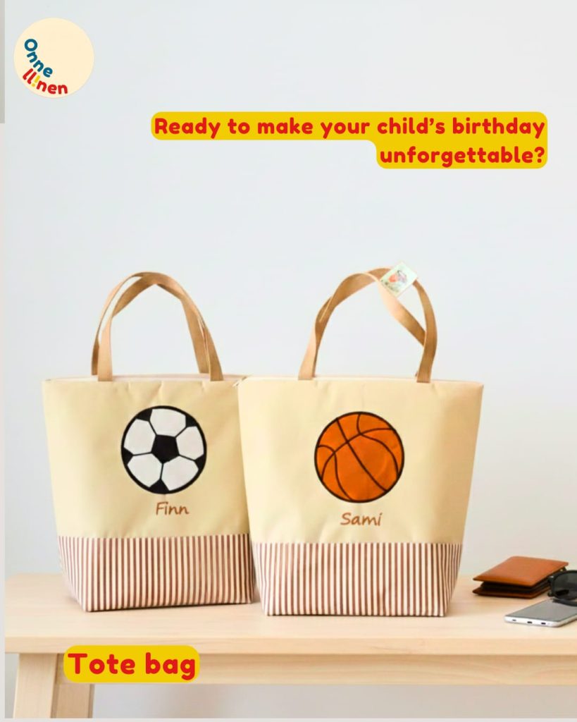 Tote Bag Custom Onnellinen krem dengan aplikasi bola basket dan nama Callef, dibuat dari bahan tebal dan tahan air.