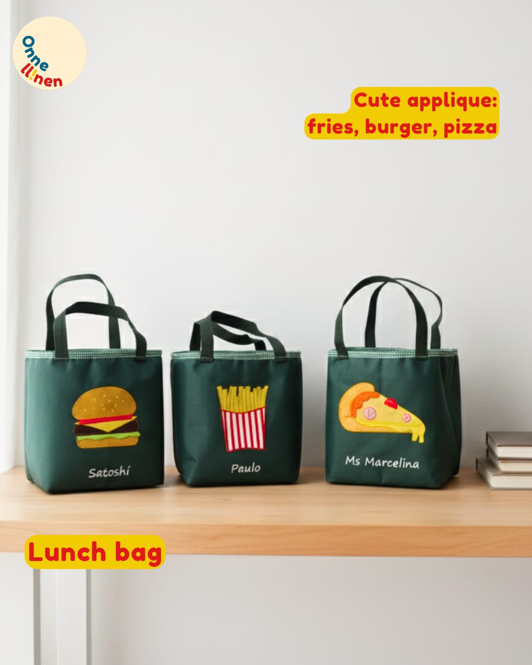 Tiga Lunch Bag Kotak Custom Onnellinen tema makanan favorit (burger, fries, pizza) dengan personalisasi nama, ideal untuk souvenir.