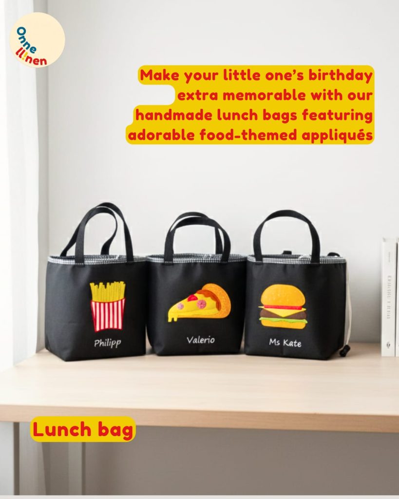 Lunch Bag Kotak Custom Onnellinen tema Fast Food (burger, kentang goreng, pizza) dalam warna gelap elegan, handmade appliqué.