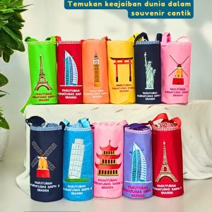 Berbagai Tumbler Case warna cerah (pink, hijau, biru) dengan custom logo/tulisan dan desain landmark dunia (Tokyo, Paris, New York).