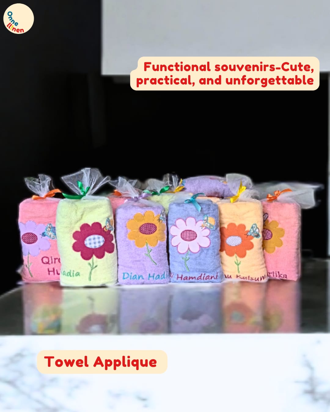 Handuk Terry Palmer Enchanted custom bordir seri bunga warna-warni untuk souvenir aqiqah dan baby born, bahan katun tebal dan lembut.