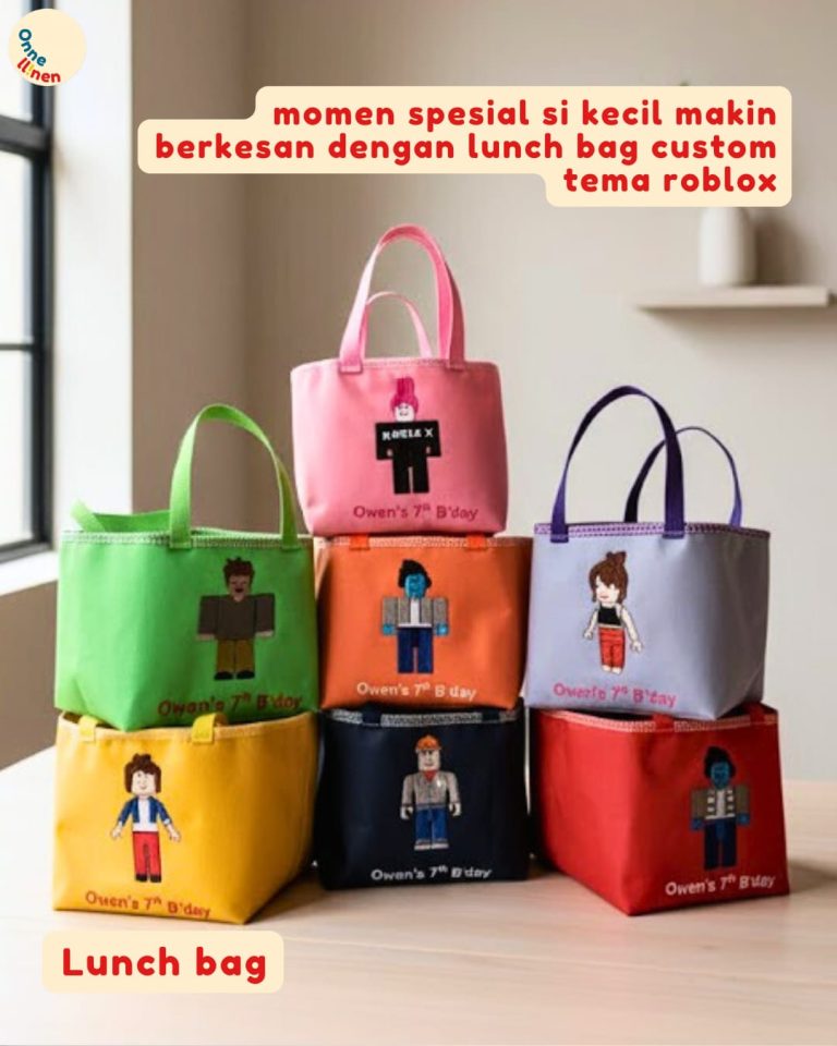 Detail tas bekal Roblox custom nama dengan penutup serut yang memudahkan anak-anak membuka dan menutup tas.