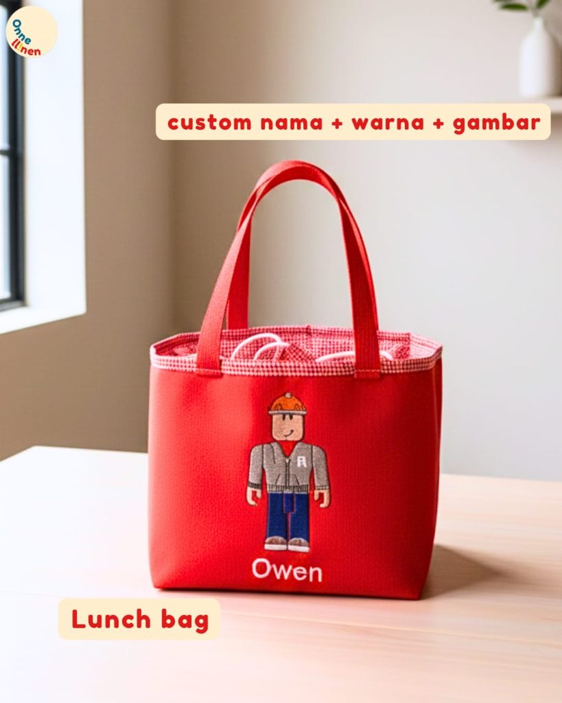 Lunch Bag Kotak Roblox Onnellinen warna-warni dengan 6 karakter game populer untuk souvenir ulang tahun anak.