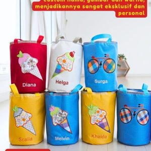 Lunch Bag Tabung Onnellinen tema Sepeda dan Ice Cream warna cerah dengan aplikasi handmade dan custom nama anak.