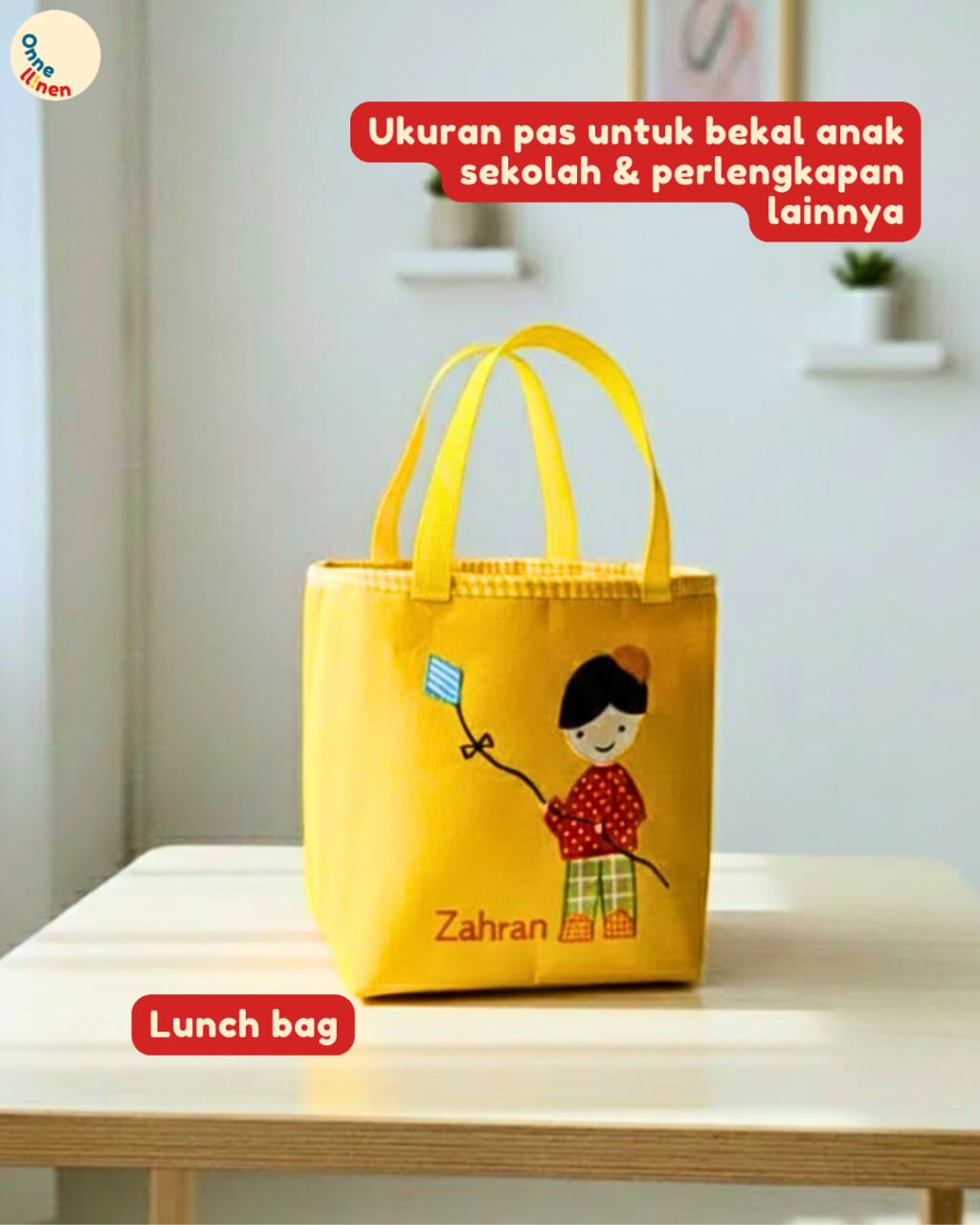 Lunch Bag Kotak Seri Anak Muslim warna cerah dengan aplikasi kain karakter anak laki-laki dan perempuan muslim, bordir manual yang rapi.