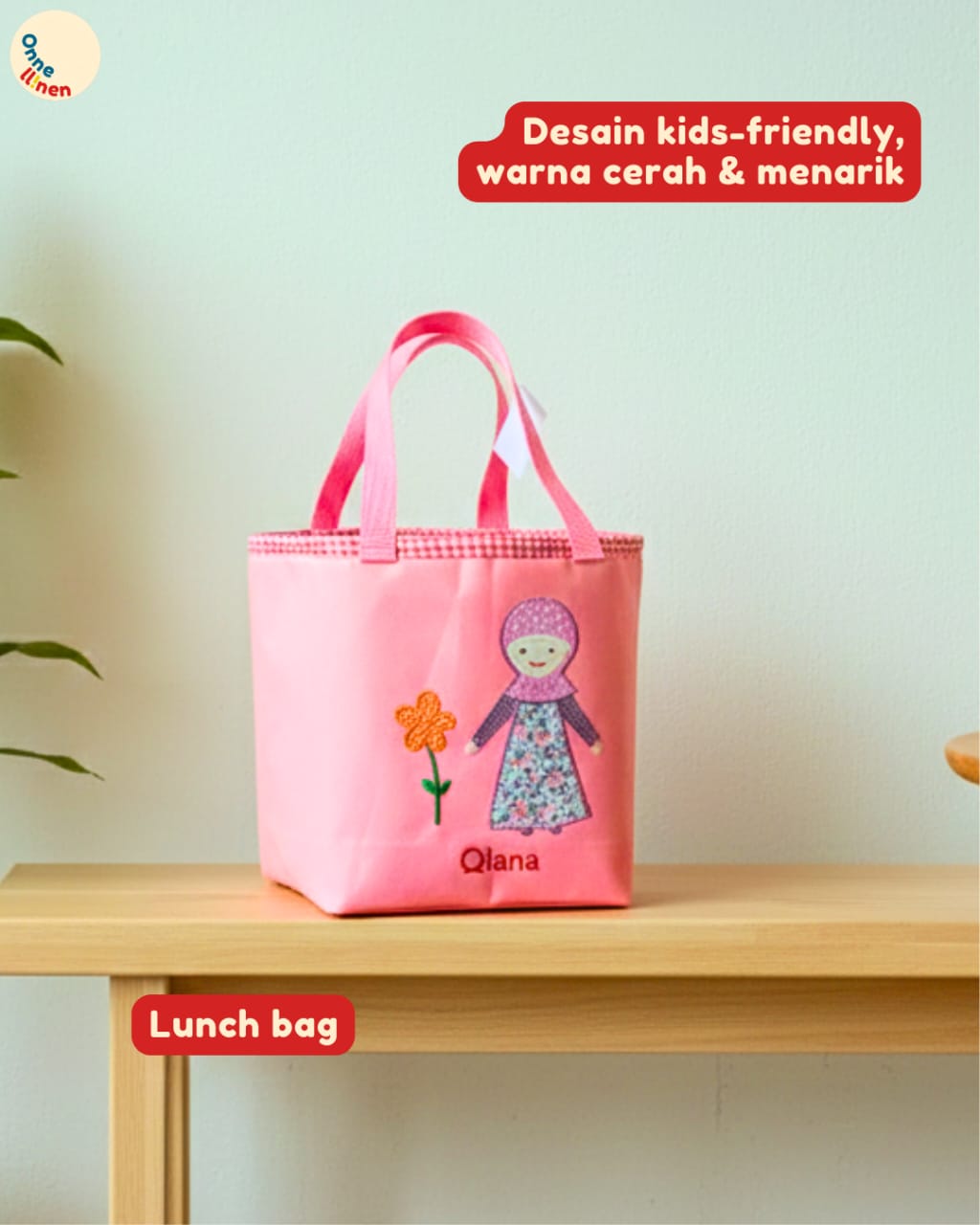 Lunch Bag Kotak Seri Anak Muslim warna cerah dengan aplikasi kain karakter anak laki-laki dan perempuan muslim, bordir manual yang rapi.