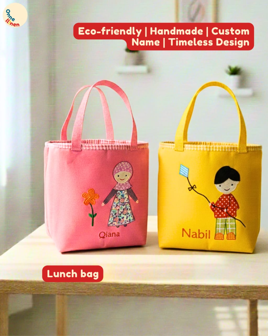 Lunch Bag Kotak Seri Anak Muslim warna cerah dengan aplikasi kain karakter anak laki-laki dan perempuan muslim, bordir manual yang rapi.