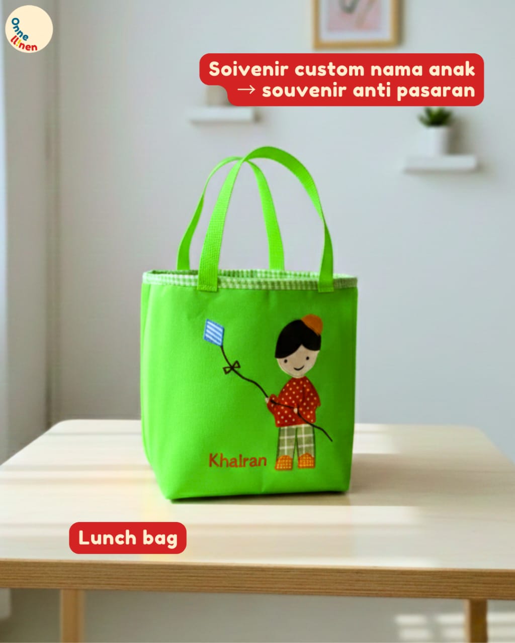 Lunch Bag Kotak Seri Anak Muslim warna cerah dengan aplikasi kain karakter anak laki-laki dan perempuan muslim, bordir manual yang rapi.