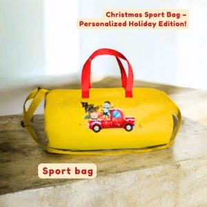 Sport bag tema Natal warna kuning cerah dengan aplikasi merah nuansa Christmas dan custom nama anggota keluarga.